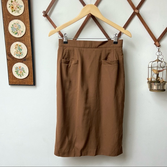 70s Vintage Wool Brown Minimalist Skirt size 8 - Picture 1 of 8